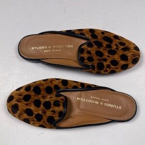 STUBBS & WOOTTON Palm Beach Leopard Print Calf Hair Mule Loafers